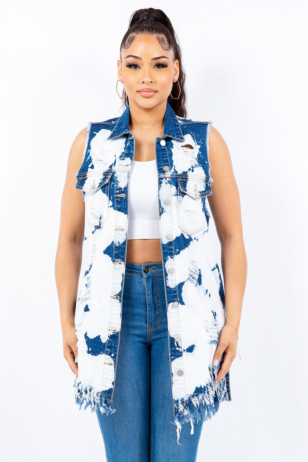 American Bazi Distressed Frayed Edge Longline Denim Vest