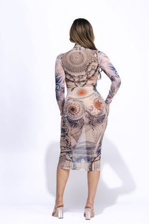 Tattoo Body Mesh Midi Dress