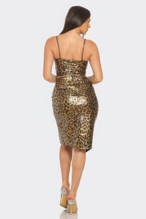 Cheetah Print Top & Front Wrap Slit Skirt Set