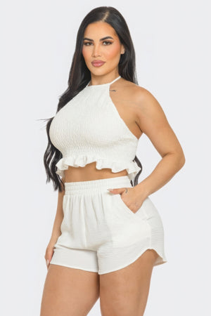 Front Smocking Detail Halter Top And Shorts Set