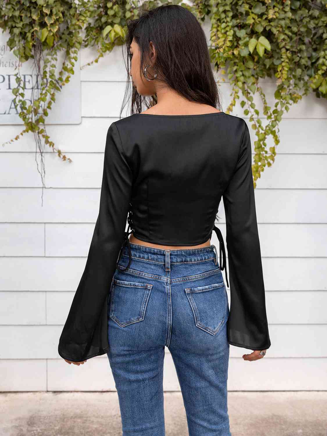 Flare Sleeve Lace Up Crop Top