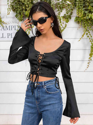 Flare Sleeve Lace Up Crop Top
