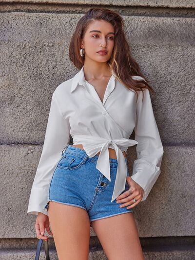 Tie Front Flare Sleeve Cropped Shirt