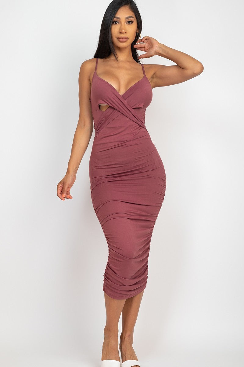 Cross Wrap Ruched Midi Dress - Nocturne