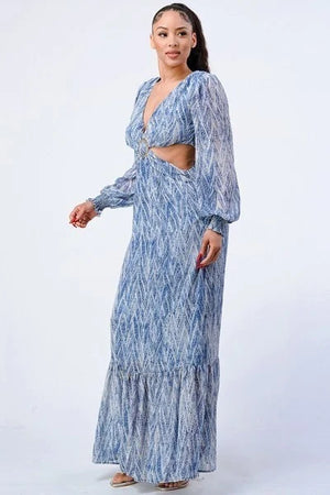 V Neck Belted Cut Out Ruffled Maxi Dress