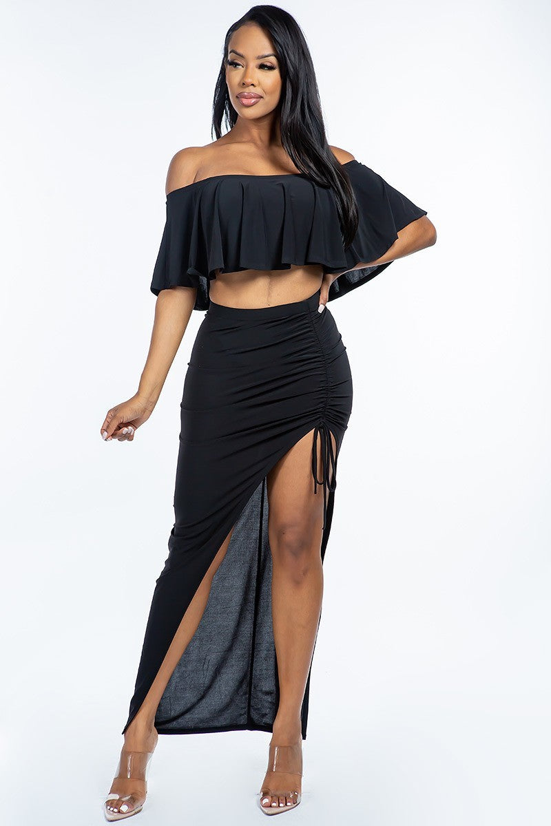 Off The Shoulder Ruffled Cropped Two Piece Set