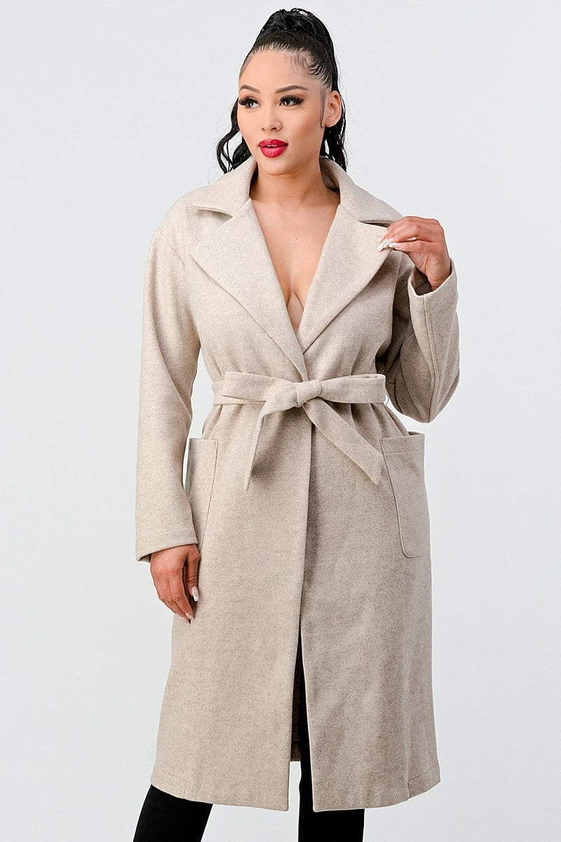 Wool Waist Tie Side Pockets Midi Length Coat