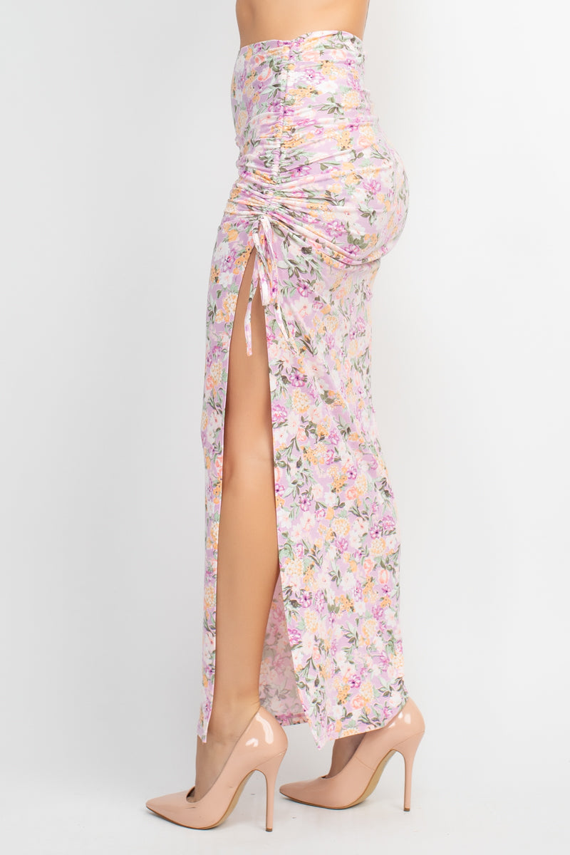 Front Knot Floral Top & Ruched Maxi Set